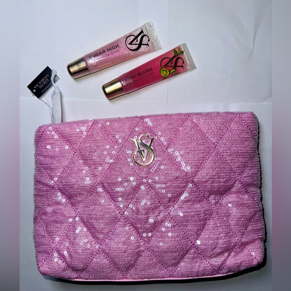 Victoria’s Secret Pink Sequin Quilted Bag + Sugar High & Kiwi Blush Gloss Set - Picture 2 of 3